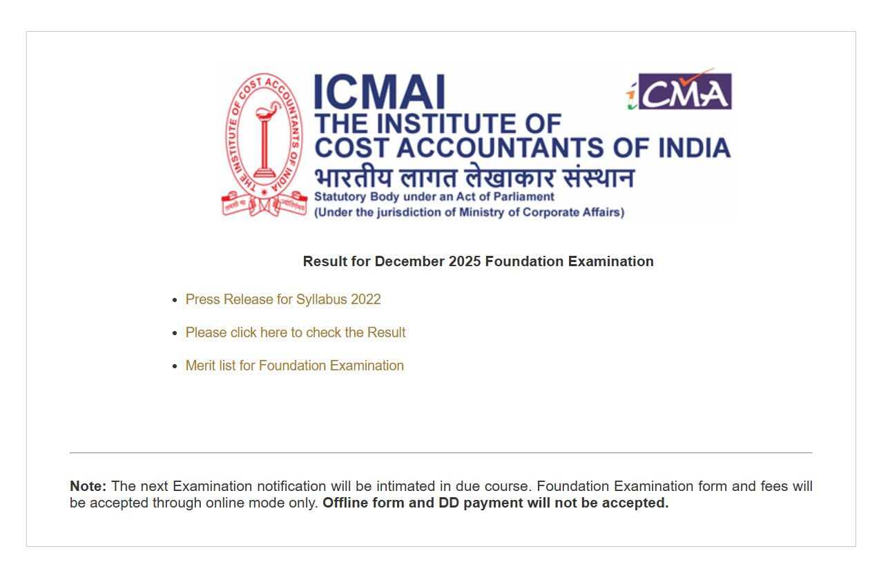 ICMAI CMA Foundation Result December 2025