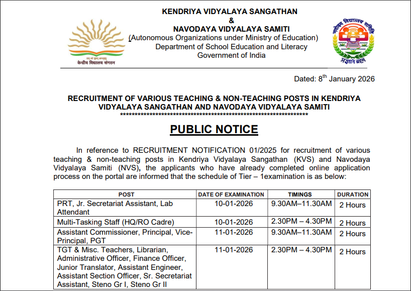 KVS NVS Admit Card Notice