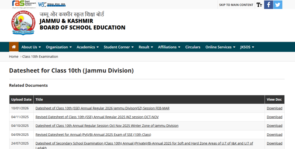  JKBOSE Datesheets Class 10,11 and 12
