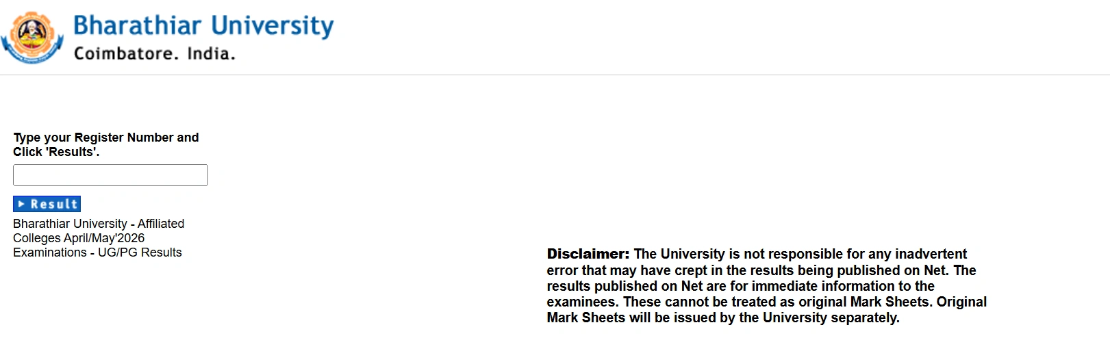 Bharathiar university result