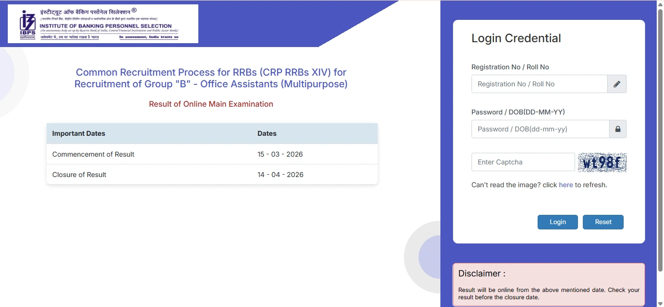 IBPS RRB Clerk Main Result download