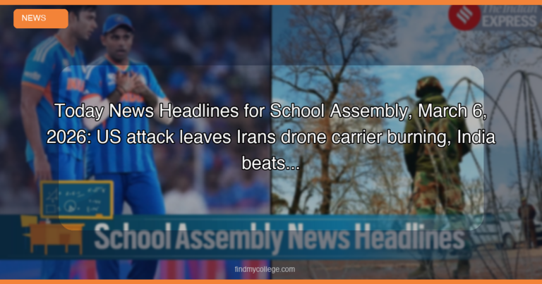 Today News Headlines for School Assembly, March 6, 2026: US attack leaves Iran’s drone carrier burning, India beats England in ICC Men’s T20 World Cup 2026