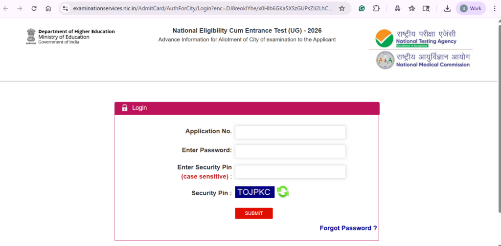 NEET 2026 City Intimation Slip (Released) LIVE