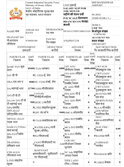 CISF Head Constable Salary Slip