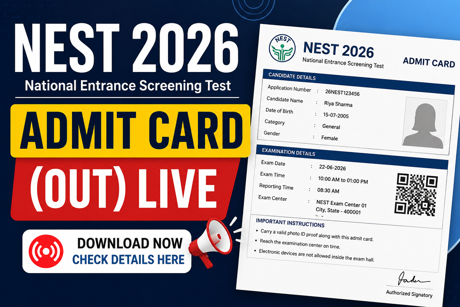 NEST 2026 Admit Card (OUT) Live