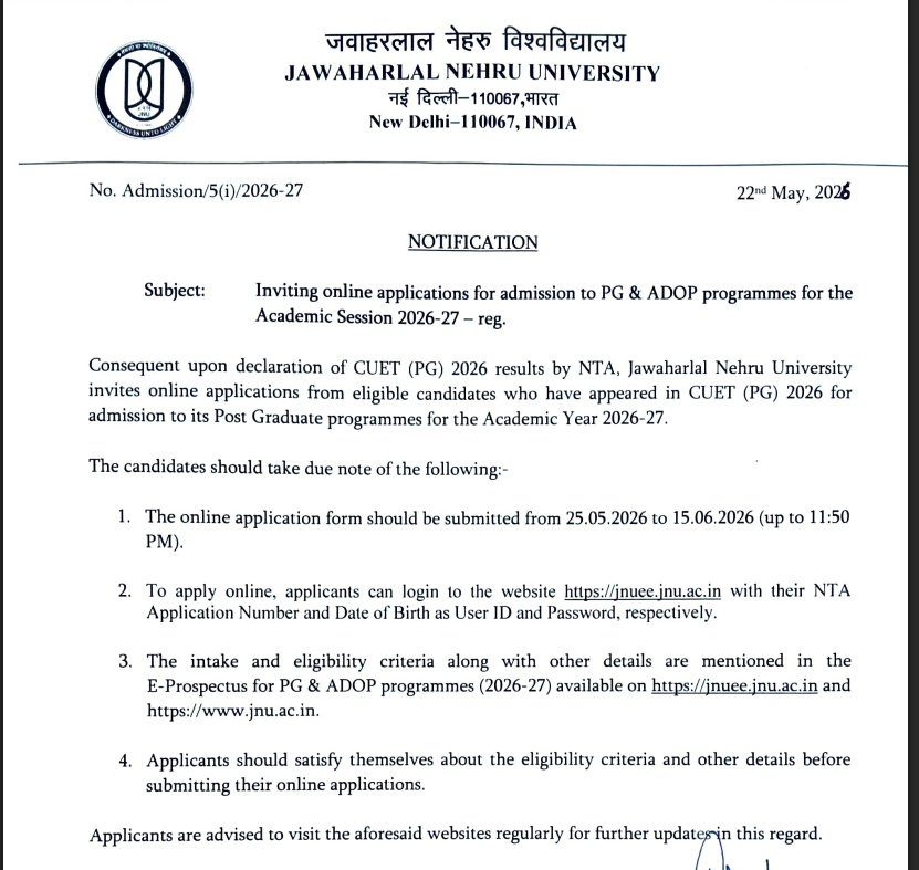 JNU PG, AGOP Admission 2026