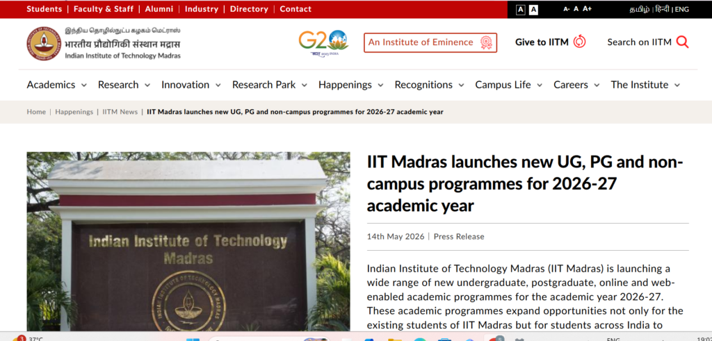 IIT Madras New Programmes 2026-27