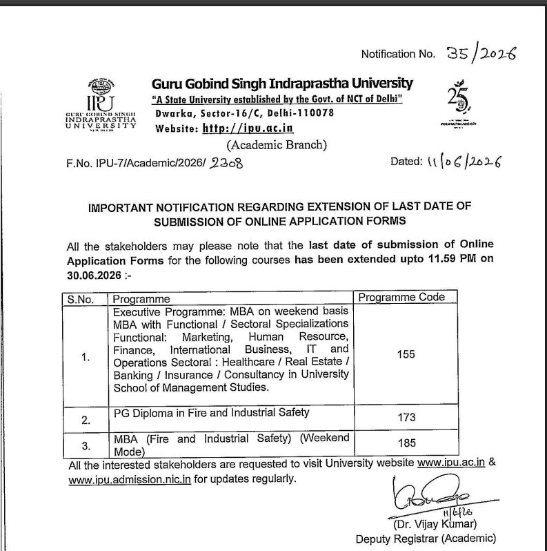 IPU Registration 2026 Last Date Extended for MBA, PG Diploma Courses