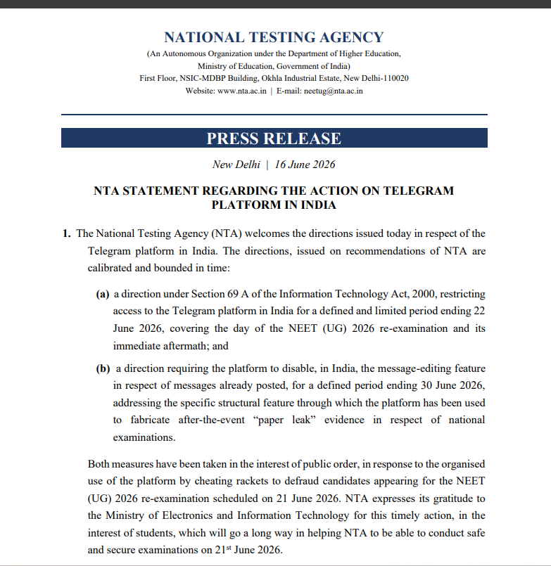 NEET UG 2026 Re-Exam: Telegram Access Restricted Till June 22