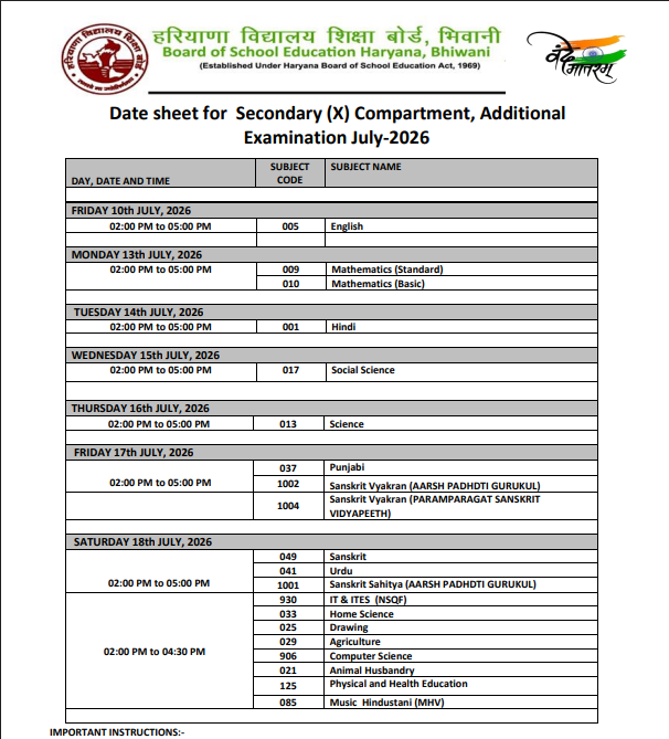 HBSE Class 10 Compartment Exam Schedule 2026