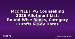 Mcc NEET PG Counselling 2026 Allotment List: Round-Wise Ranks, Category Cutoffs & Key Dates