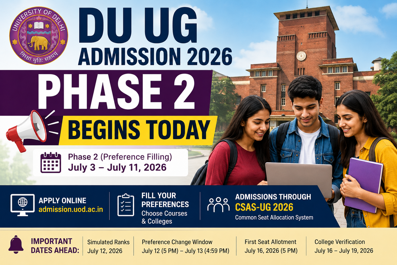 DU UG Admission 2026 Phase 2 Begins Today at admission.uod.ac.in