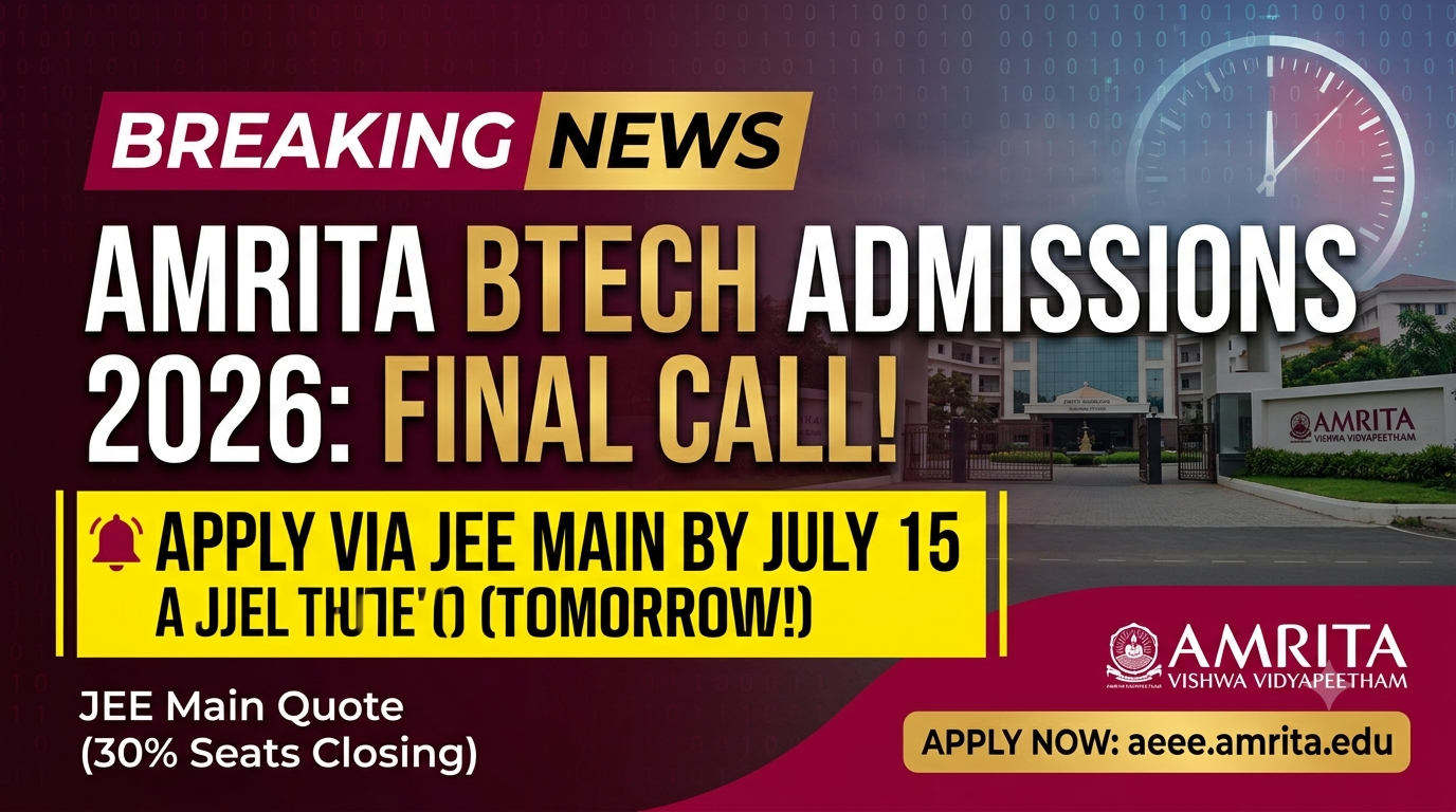 Amrita BTech Admissions 2026: Apply via JEE Main by July 15 (Tomorrow!)