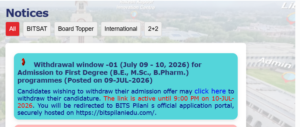 BITSAT 2026 Withdrawal Window 1 Official notification