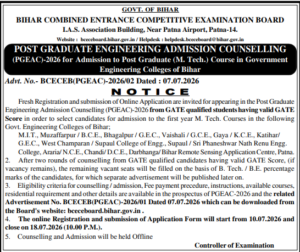 Bihar PGEAC 2026 Conselling Official Notice