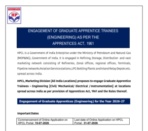 HPCL Apprentice Trainee Applications Invited - Official Notice
