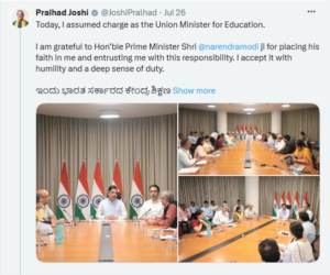 Pralhad Joshi's official tweet post after taking charge as the Education Minister. 