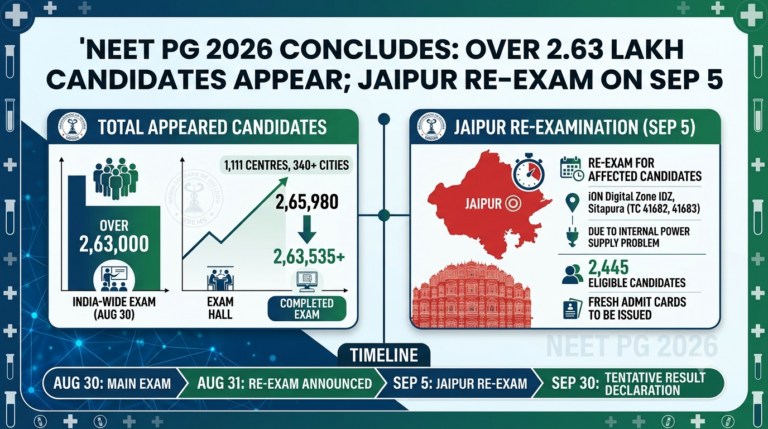 NEET PG 2026 Concludes: Over 2.63 Lakh Candidates Appear; Jaipur Re-Exam on Sep 5