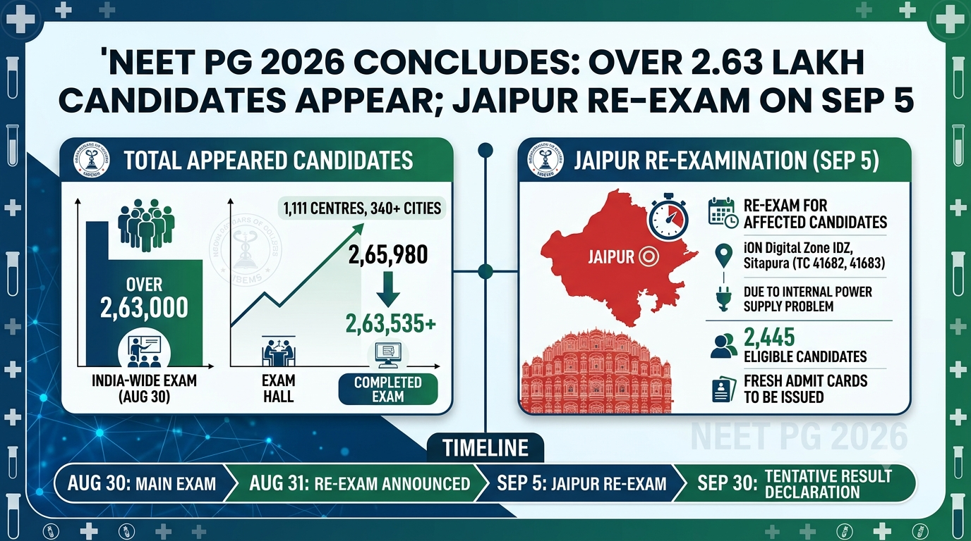 NEET PG 2026 Concludes: Over 2.63 Lakh Candidates Appear; Jaipur Re-Exam on Sep 5