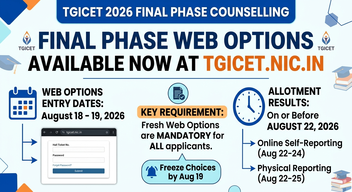 TGICET 2026 Final Phase Web Options Available at tgicet.nic.in; Allotment by August 22