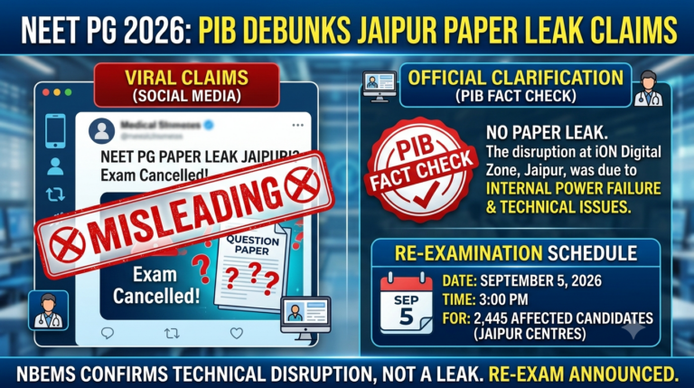 NEET PG 2026: PIB Debunks Jaipur Paper Leak Claims Amid Exam Disruption; Re-exam on Sep 5