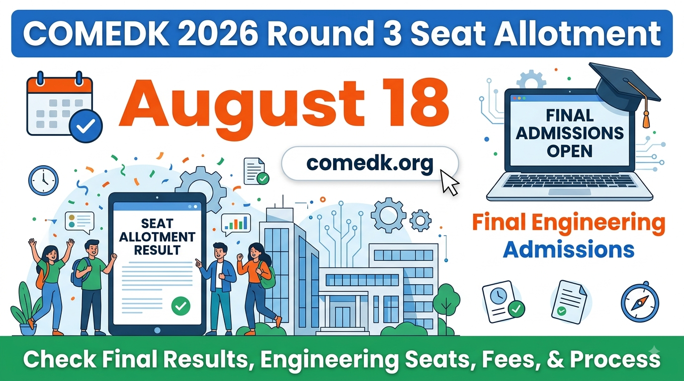 COMEDK 2026 Round 3 Seat Allotment on August 18 at comedk.org; Final Engineering Admissions