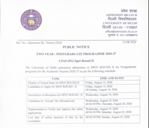 Official Notification issued at DU Admissions Portal
