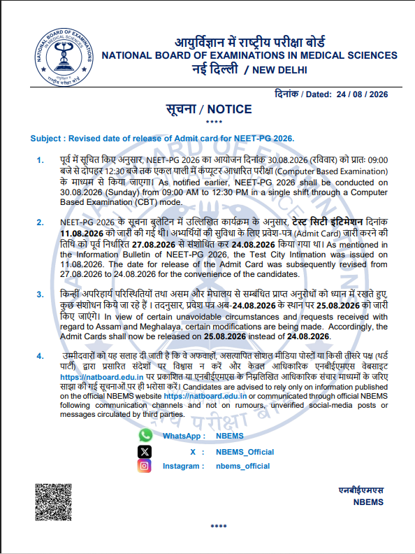 NEET PG Admit Card Notice