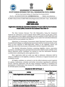 Official Notice for MAH NEET MDS Round 1 Counselling 