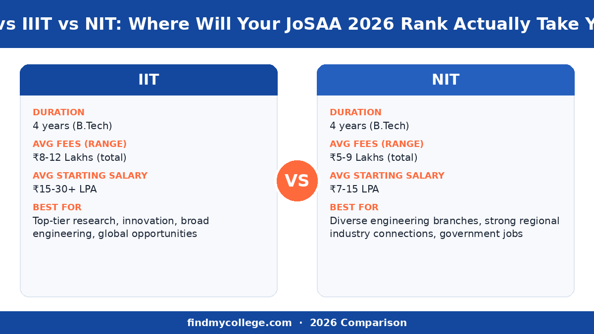 IIT vs IIIT vs NIT: Where Will Your JoSAA 2026 Rank Actually Take You? — course at a glance infographic