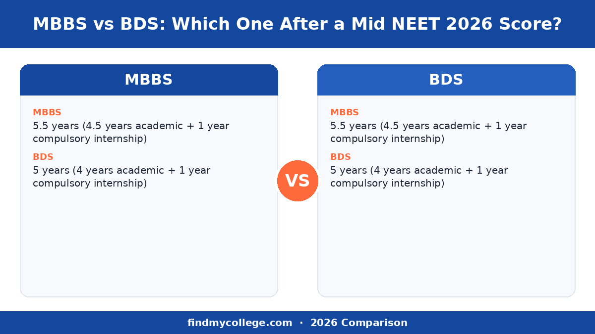 MBBS vs BDS: Which One After a Mid NEET 2026 Score? — course at a glance infographic