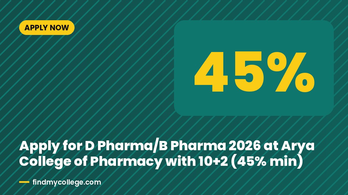 Apply for D Pharma/B Pharma 2026 at Arya College of Pharmacy with 10+2 (45% min)