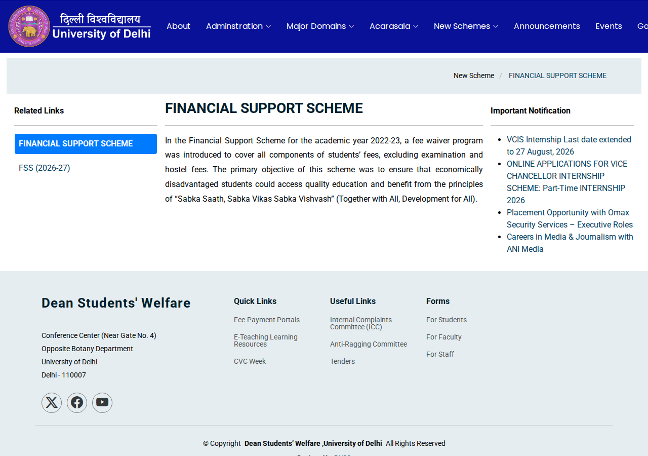 dsw.du.ac.in/financial-support-scheme homepage