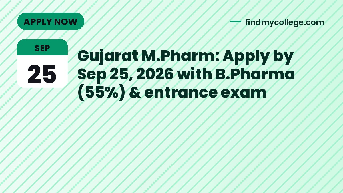 Gujarat M.Pharm: Apply by Sep 25, 2026 with B.Pharma (55%) & entrance exam