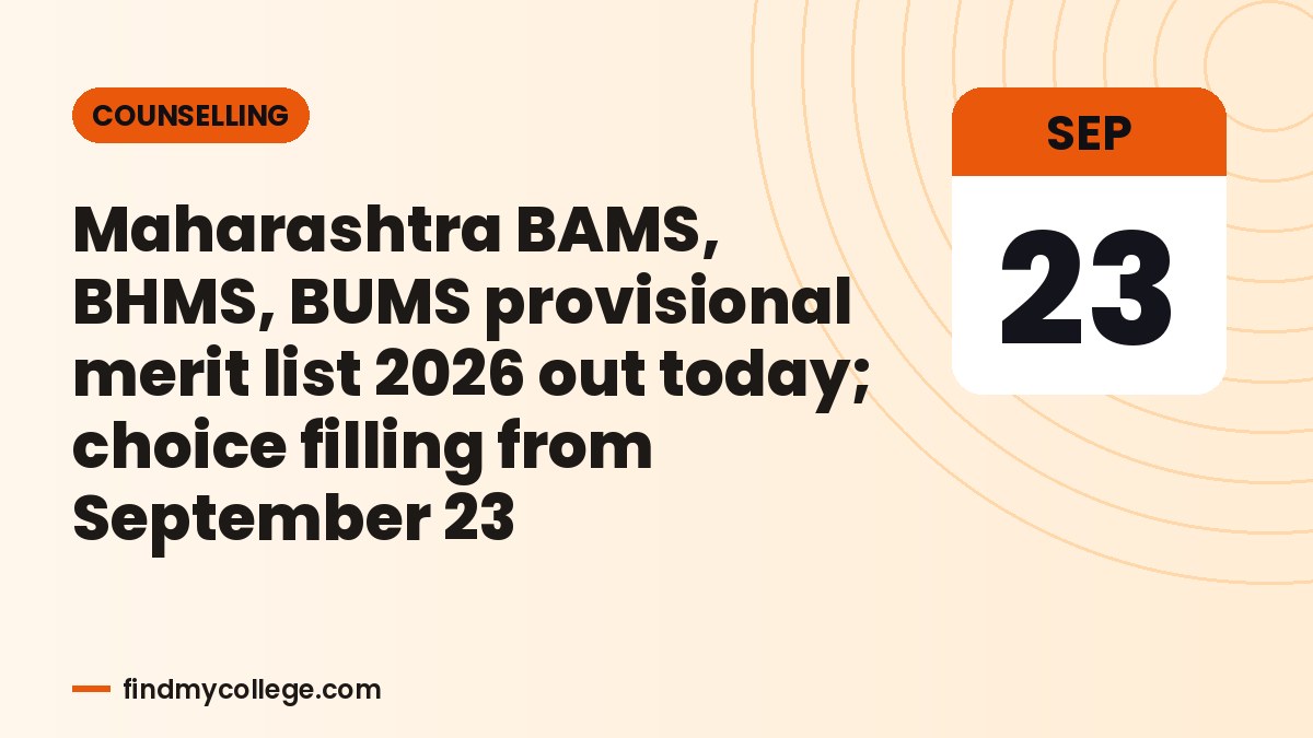 Maharashtra BAMS, BHMS, BUMS provisional merit list 2026 out today; choice filling from September 23