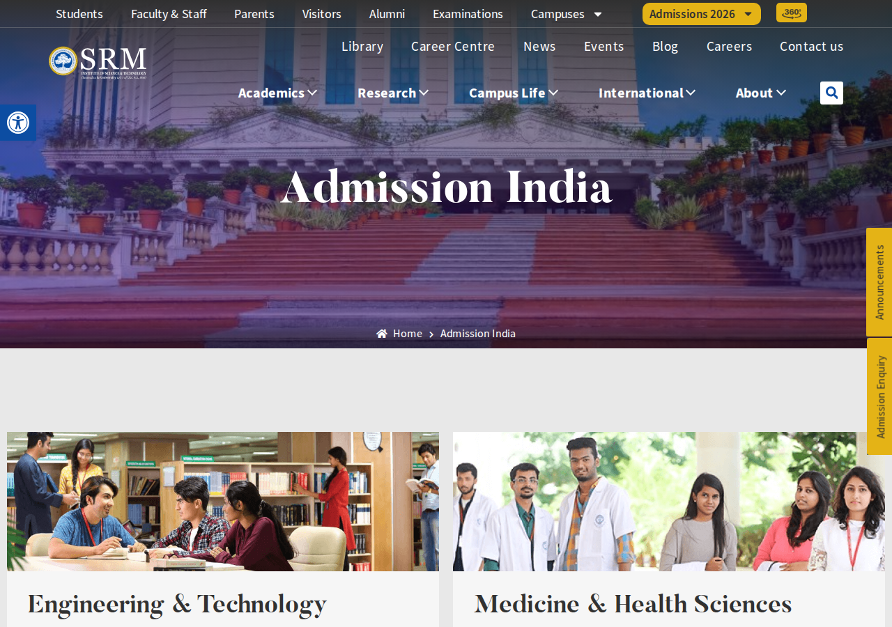 srmist.edu.in/admission-india homepage