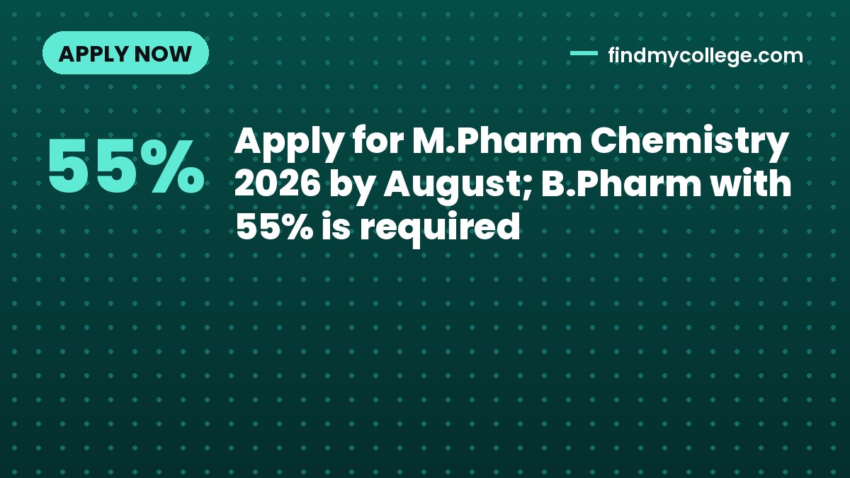 Apply for M.Pharm Chemistry 2026 by August; B.Pharm with 55% is required