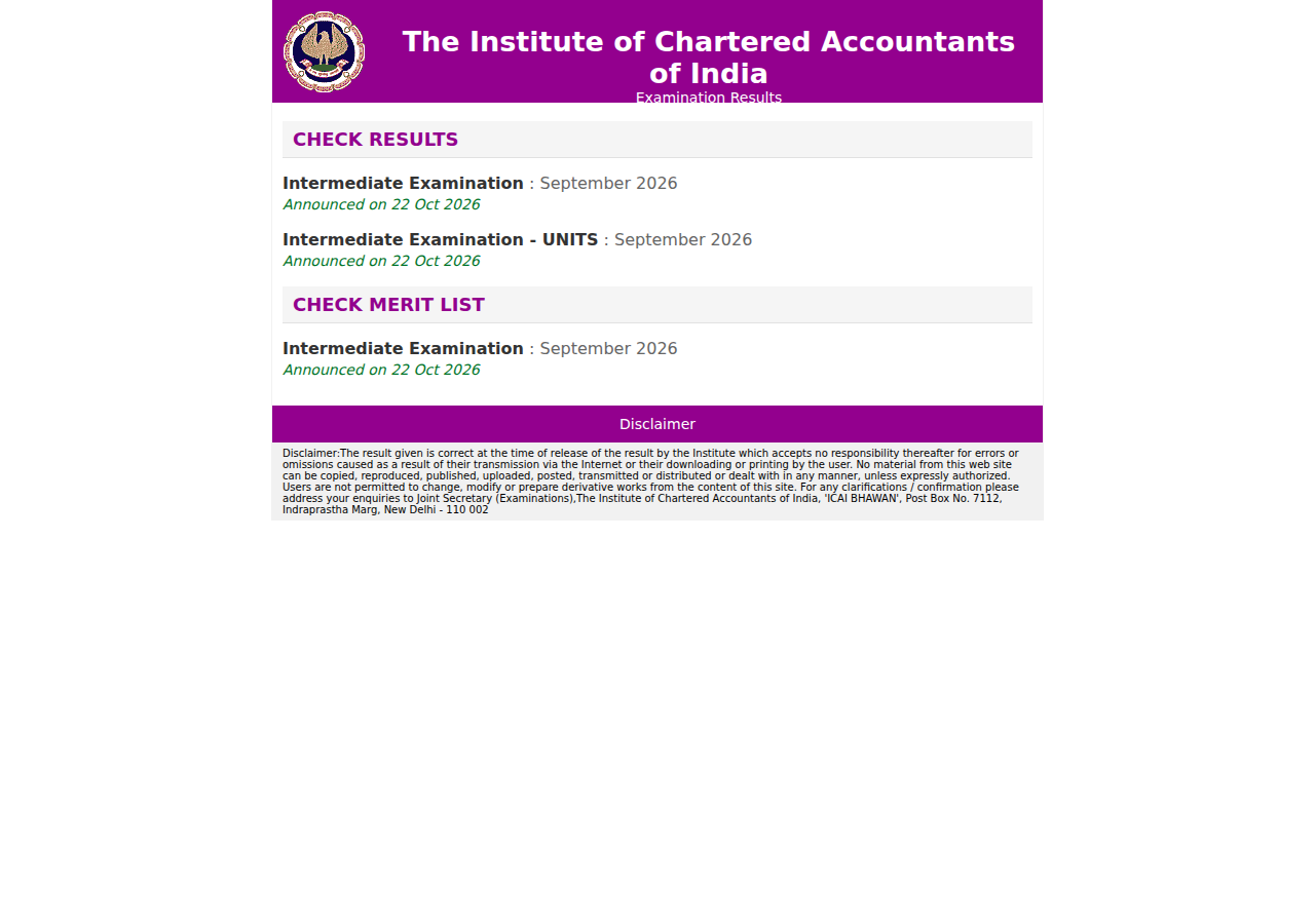 caresults.icai.org homepage