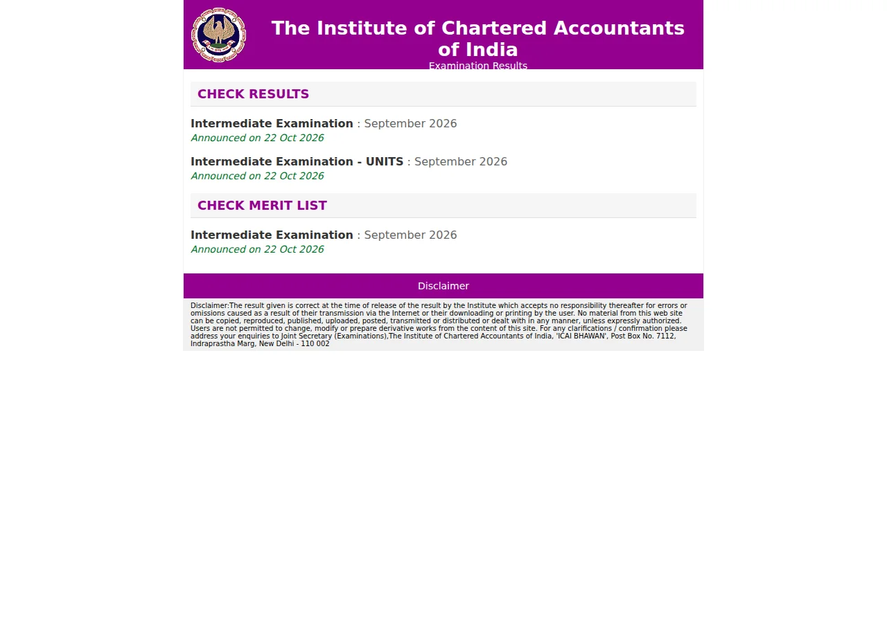 caresults.icai.org homepage