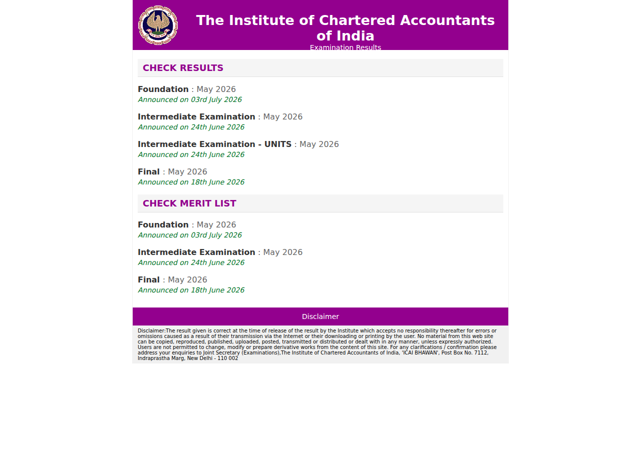 caresults.icai.org homepage