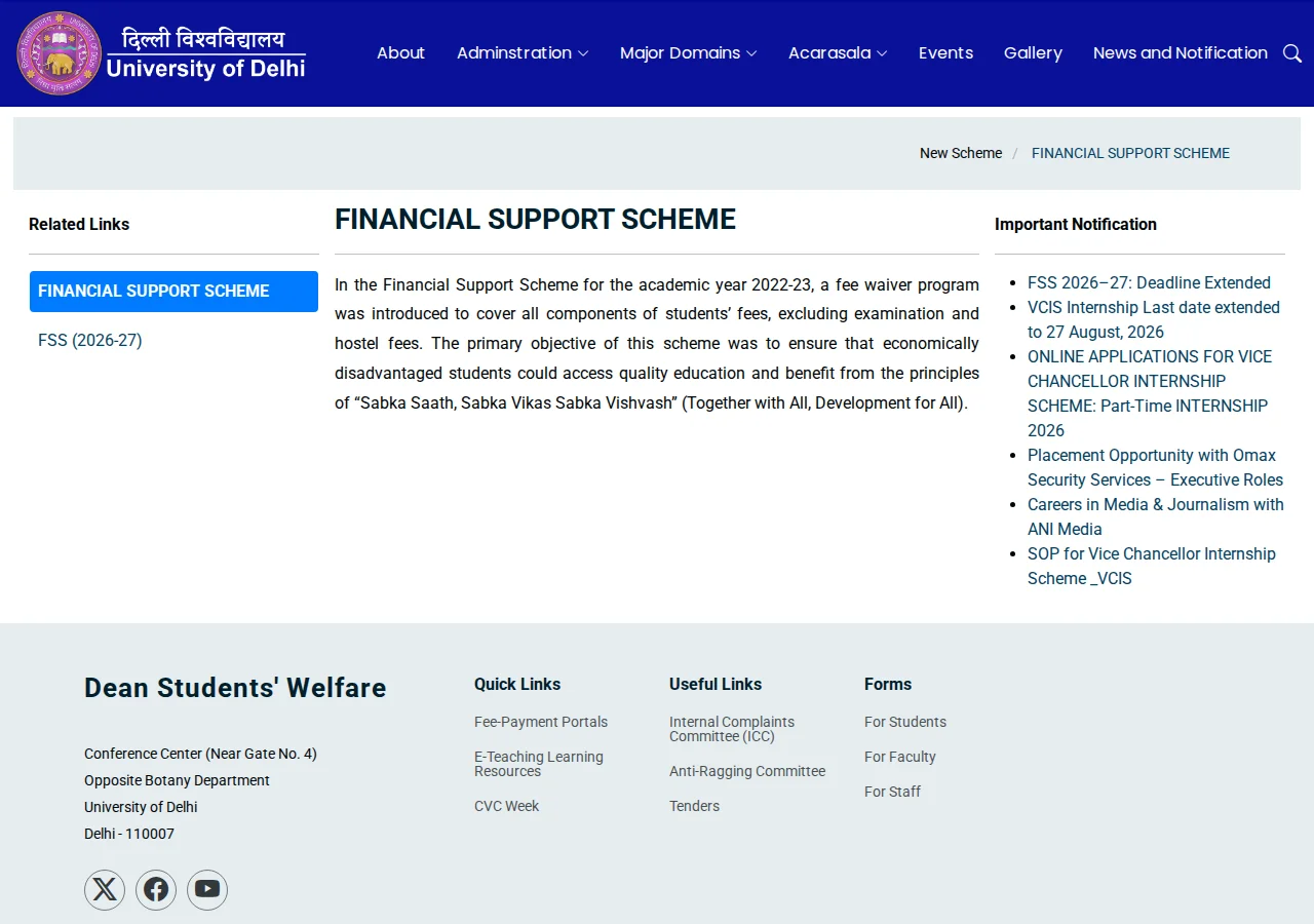 dsw.du.ac.in/financial-support-scheme homepage