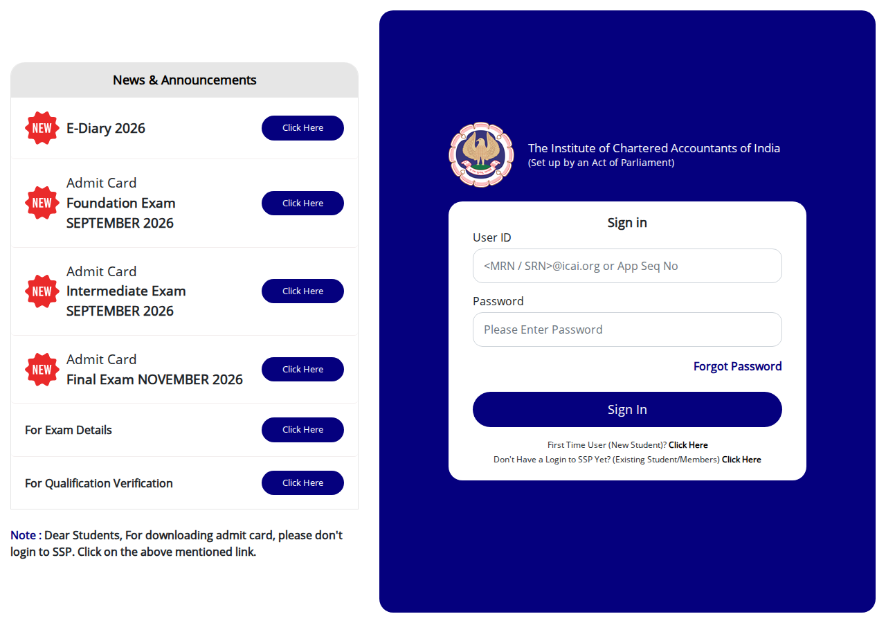eservices.icai.org homepage