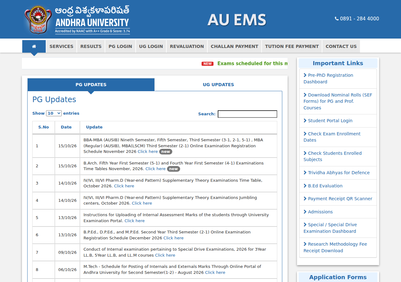 exams.andhrauniversity.edu.in homepage