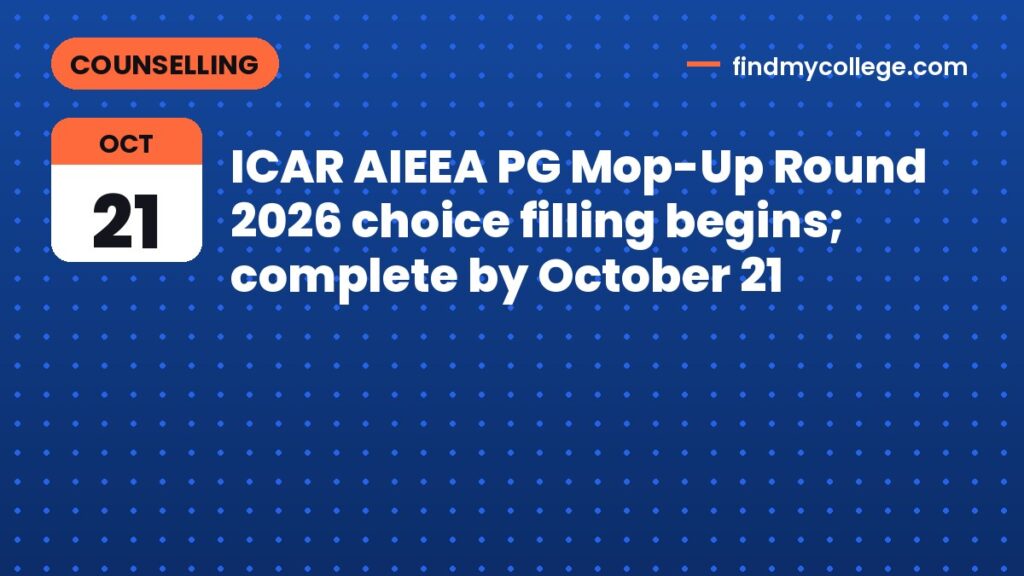 ICAR AIEEA PG Mop-Up Round 2026 choice filling begins; complete by October 21