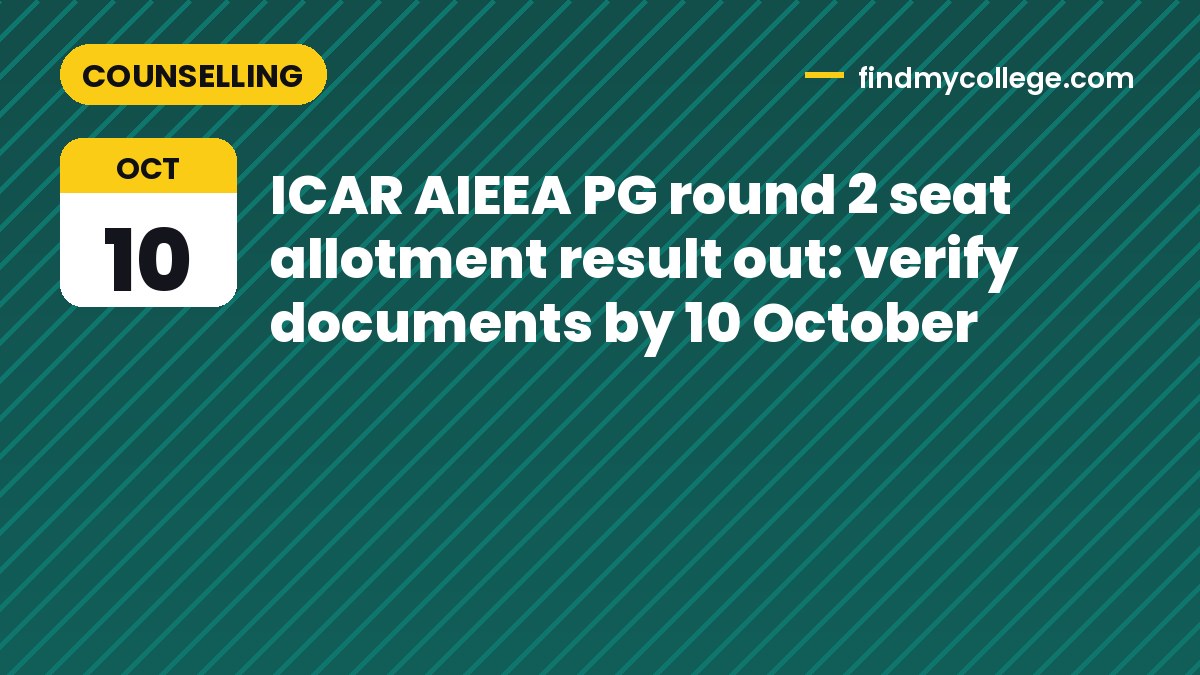 ICAR AIEEA PG round 2 seat allotment result out: verify documents by 10 October