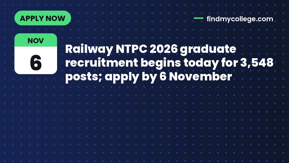 Railway NTPC 2026 graduate recruitment begins today for 3,548 posts; apply by 6 November
