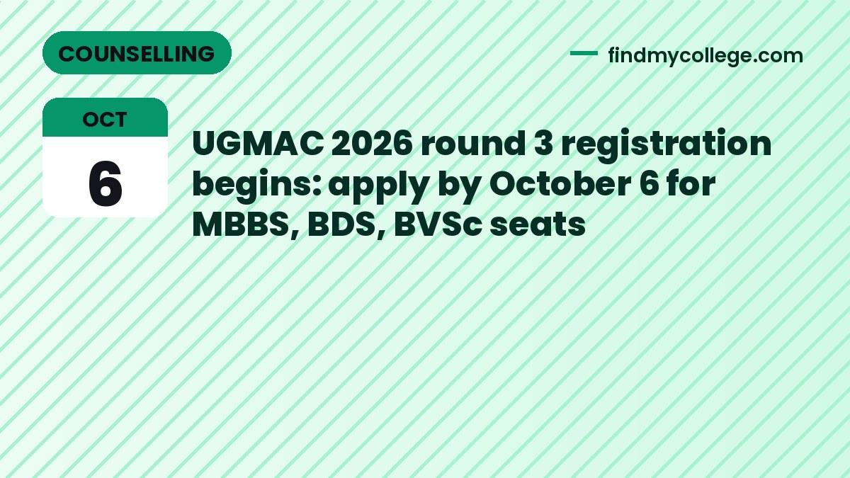 UGMAC 2026 round 3 registration begins: apply by October 6 for MBBS, BDS, BVSc seats