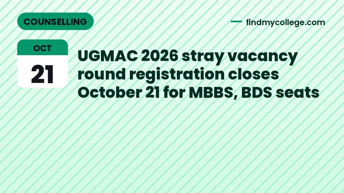 UGMAC 2026 stray vacancy round registration closes October 21 for MBBS, BDS seats