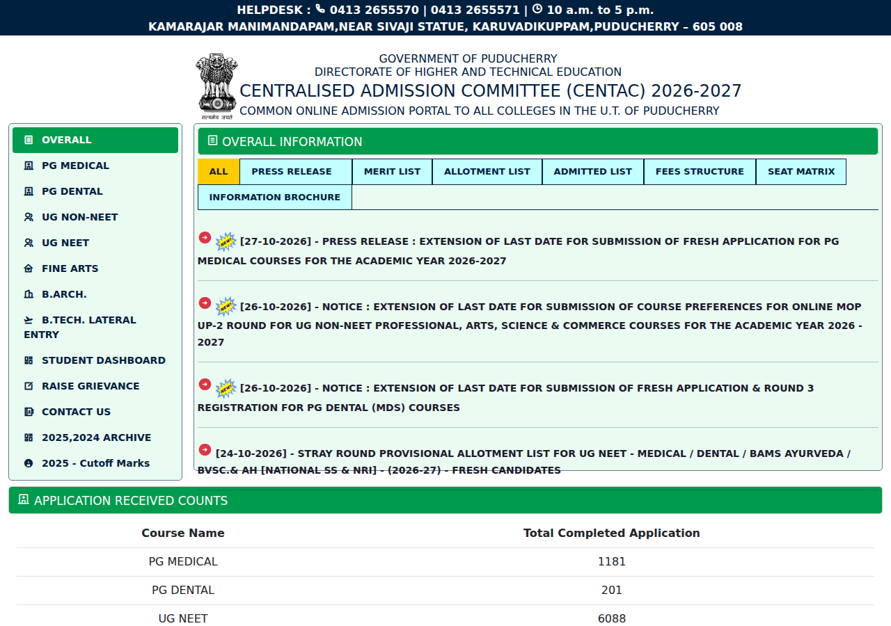 www.centacpuducherry.in/#apply_now, www.mcc.in, mcc.nic.in, www.apsahpc.co.in homepage